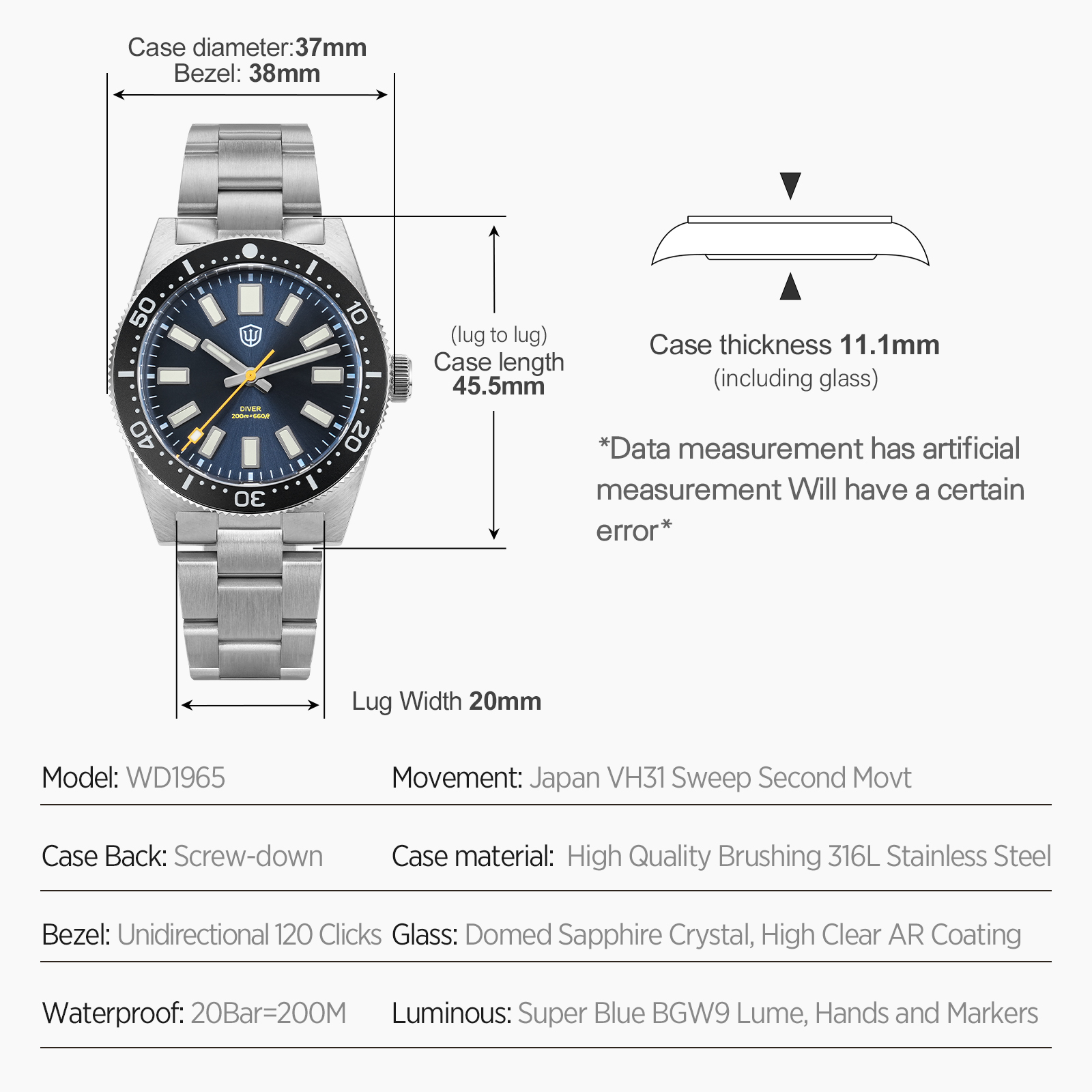 Watchdives 37Mm WD1965 V2 Man  - Accessories With Watch 评论和价格